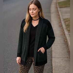 Cabi Green and Black Fireside Open Cardigan Sweater